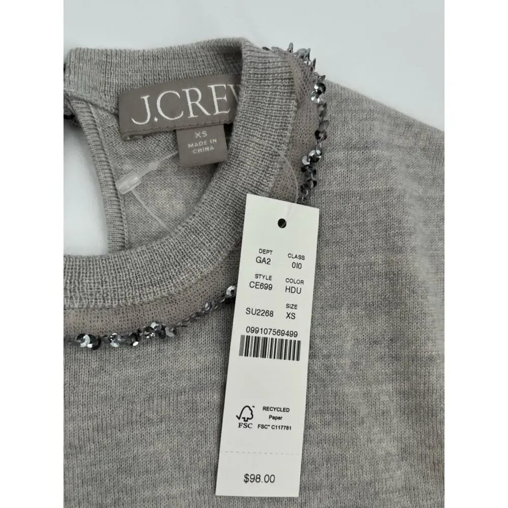 NWT J. Crew Carolyn SEQUIN embellished fitted sweater in grey merino wool sz XS